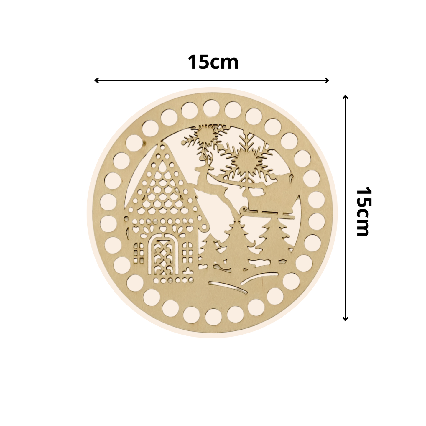 Korbboden rund Ø 15 cm – Winterlandschaft mit Haus & Schlitten, gelocht, graviert