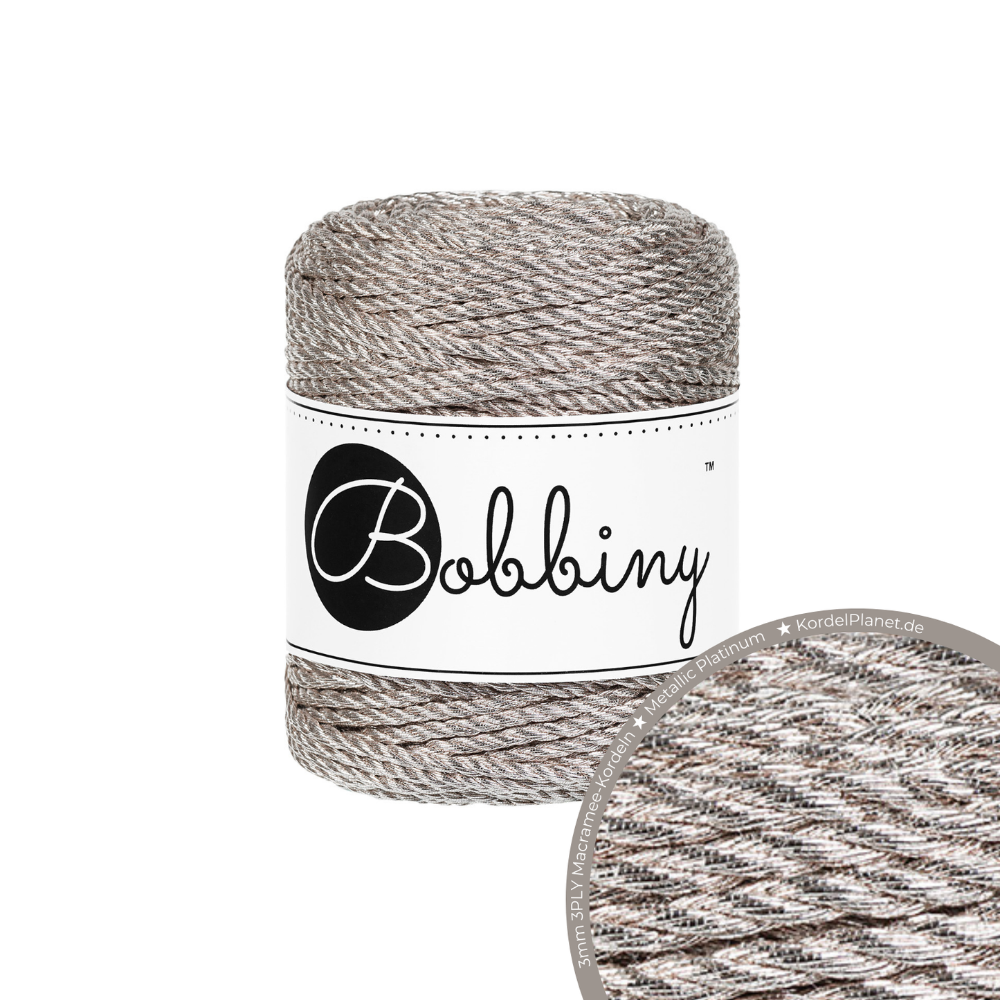 Bobbiny 3PLY Makramee-Kordeln - Metallic Platinum Ø 3 mm 50m