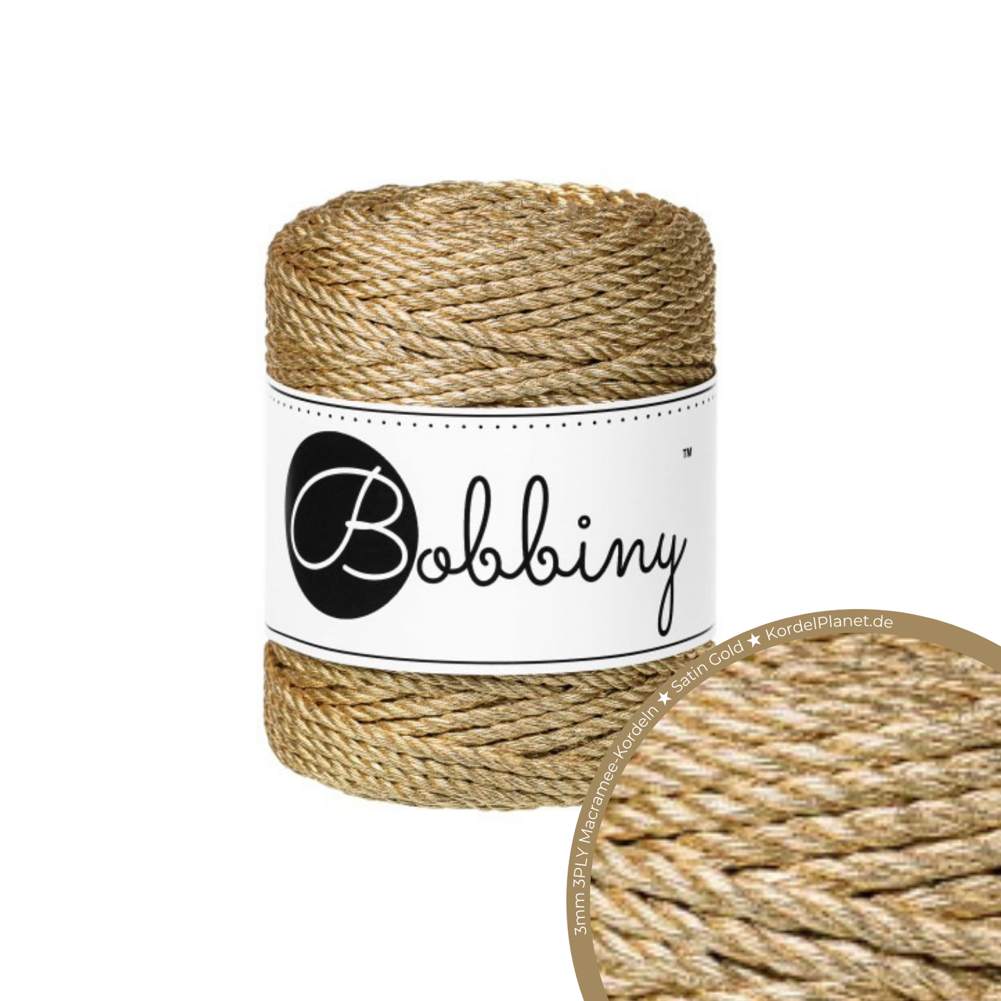 Bobbiny 3PLY Makramee-Kordeln - Satin Gold Ø 3 mm 50m