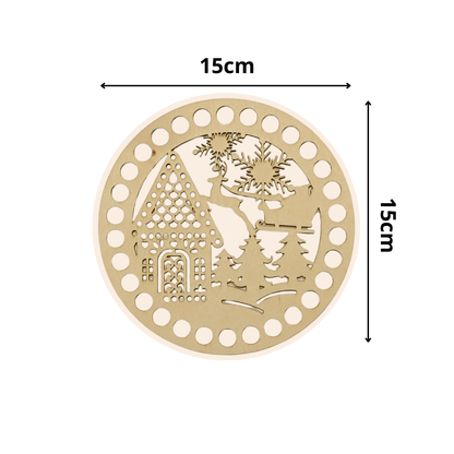 Korbboden rund Ø 15 cm – Winterlandschaft mit Haus & Schlitten, gelocht, graviert