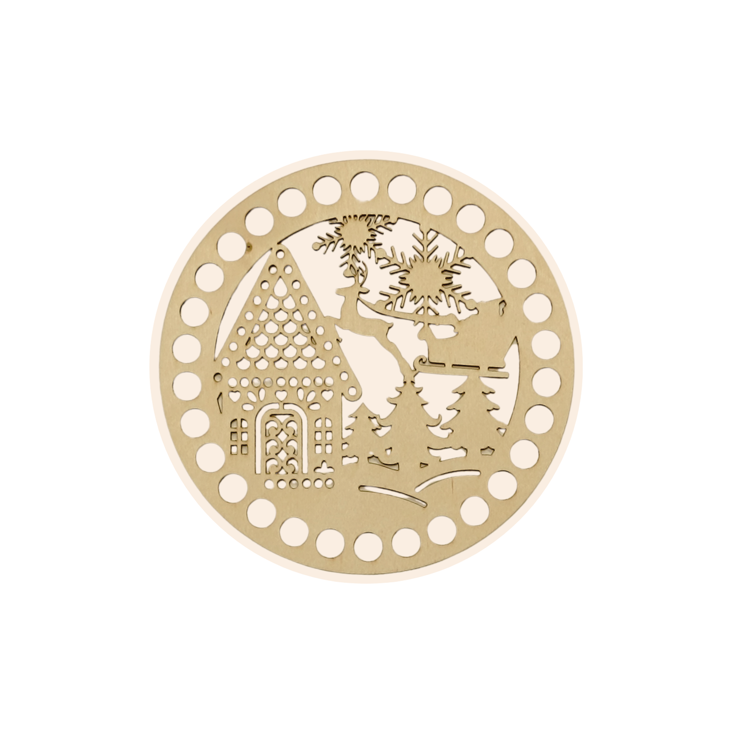 Korbboden rund Ø 15 cm – Winterlandschaft mit Haus & Schlitten, gelocht, graviert