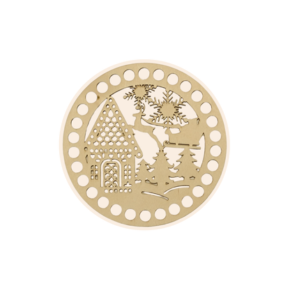 Korbboden rund Ø 15 cm – Winterlandschaft mit Haus & Schlitten, gelocht, graviert