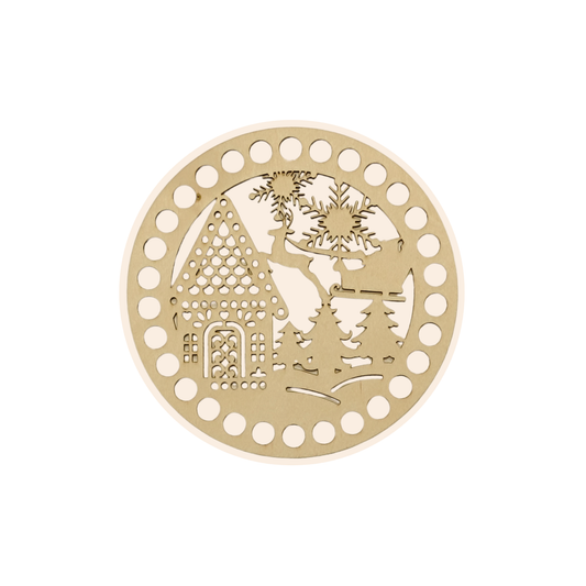 Korbboden rund Ø 15 cm – Winterlandschaft mit Haus & Schlitten, gelocht, graviert