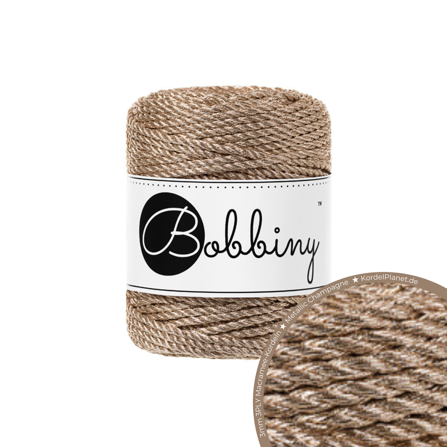 Bobbiny 3PLY Makramee-Kordeln - Metallic Champagne Ø 3 mm 50m