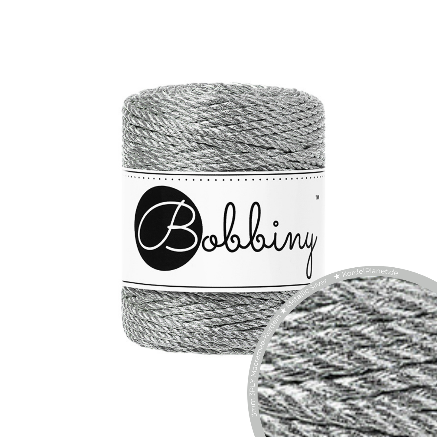 Bobbiny 3PLY Makramee-Kordeln - Metallic Silver Ø 3 mm 50m