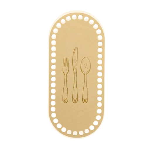 Korbboden oval 27x12 cm – Motiv Besteck – Holzboden für Brotkörbe & Tischdeko, graviert